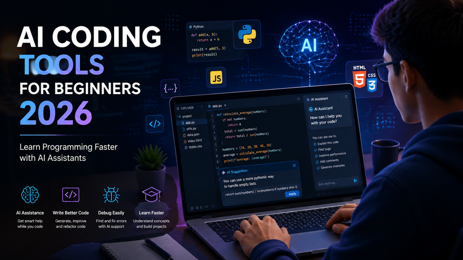 AI coding tools for beginners shown in a code editor